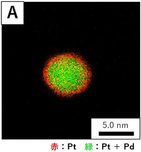 合成したPd＠Pt／炭素触媒の透過電子顕微鏡を用いたエネルギー分散型X線分光法（TEM-EDS）の画像